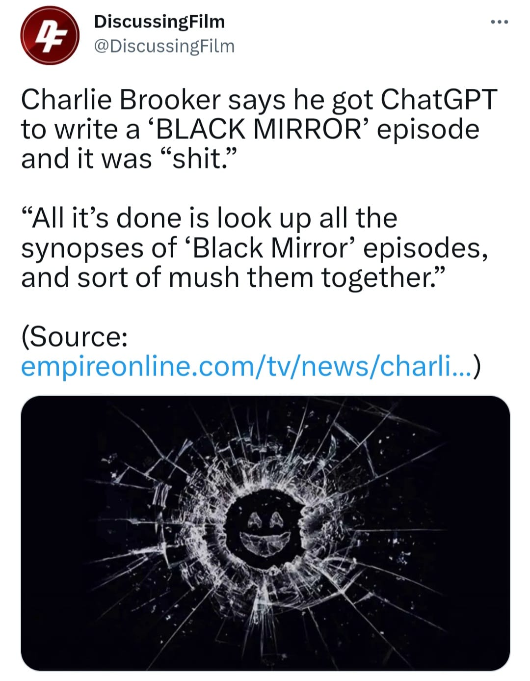 The meme is a screenshot of a Twitter post that appears to be a humorous reaction to the success of the TV show "Black Mirror" having a new episode written by AI. The post reads: "I've got a new idea for a Black Mirror episode...". It's a joke about the AI tool ChatGPT being used to write a new episode of the show.